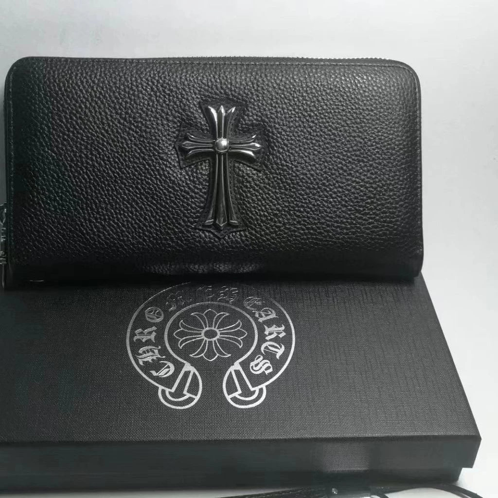 Black Leather Zip Wallet With One Cross