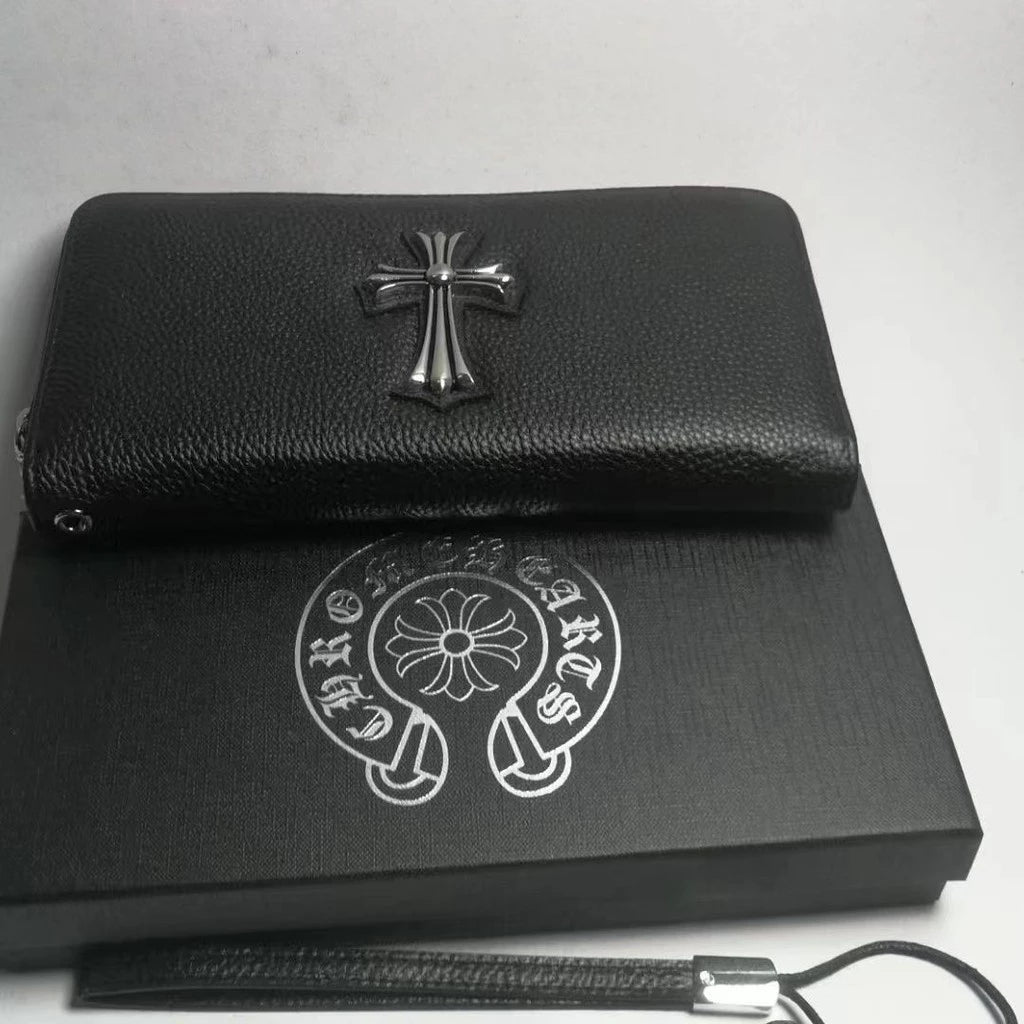 Black Leather Zip Wallet With One Cross