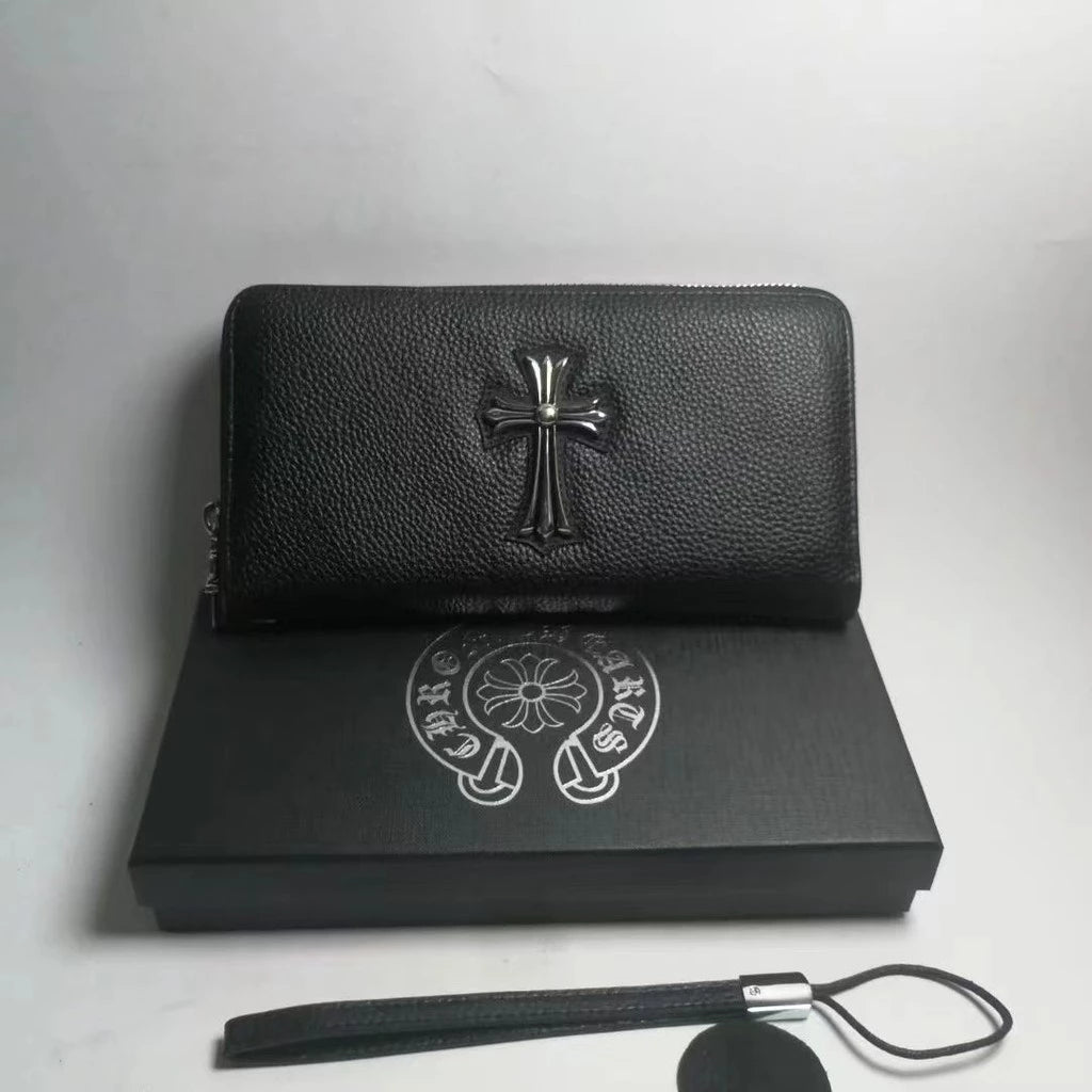 Black Leather Zip Wallet With One Cross